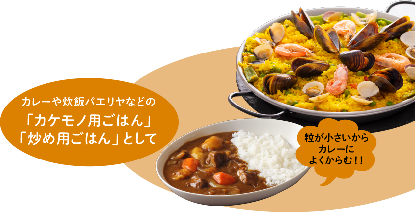 カレーや炒飯パエリヤなどの「カケモノ用ごはん」「炒め用ごはん」として。粒が小さいからカレーによくからむ！！